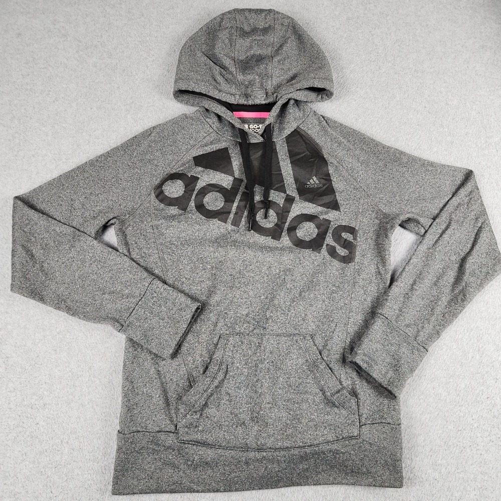 Adidas Hoodie Womens M Gray Graphic Logo Fleece Lined Thumbhole Sleeve Pullover